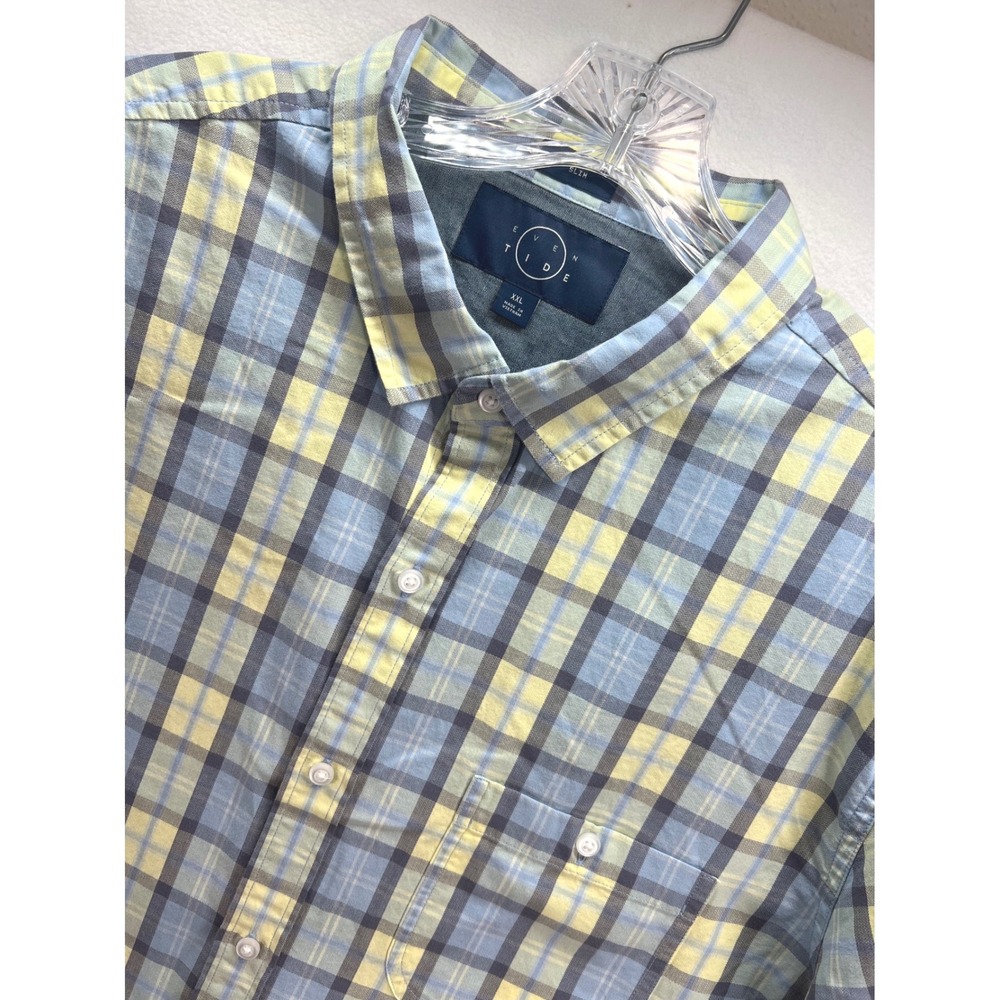 Even Tide Mens Slim Fit Plaid Short Sleeve Button Down Shirt Blue Yellow XXL